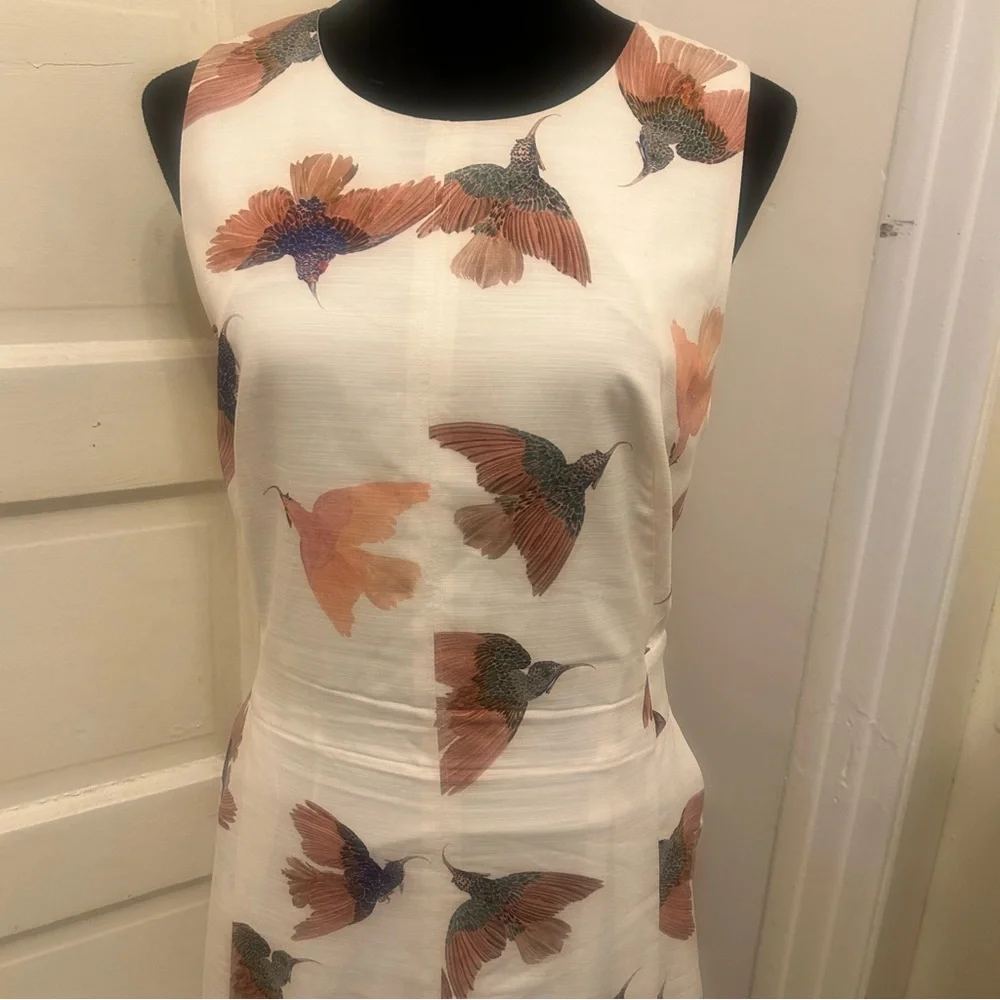 MM LaFleur Cream Midi Dress with Bird Print Resort Coastal Nature Sleeveless - Picture 2 of 11